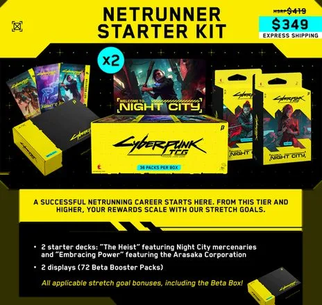 Palier Netrunner Starter Kit à 249 dollars - 2 starters et 2 displays Beta soit 72 boosters
