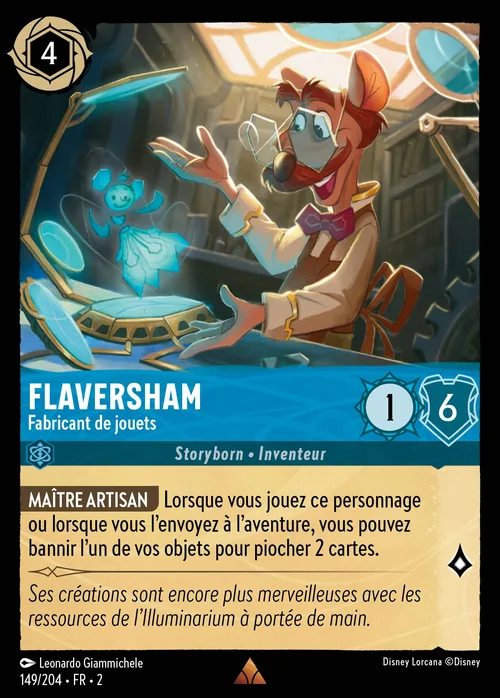 Carte Flaversham - Fabricant de jouets (149/204) Disney Lorcana - Saphir, coût 4, Storyborn Inventeur, capacité Maître Artisan