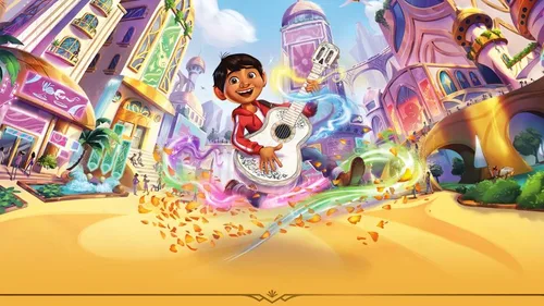 Illustration clé Disney Lorcana Hyperia City Chapitre 14 - Coco jouant de la guitare dans une ville colorée et animée