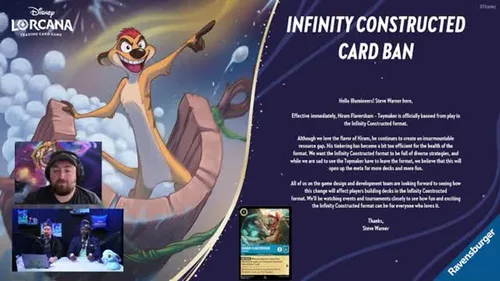 Slide officielle Infinity Constructed Card Ban - lettre de Steve Warner annonçant le ban de Hiram Flaversham Toy Maker