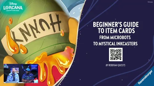 Slide du Weekly Lorecast présentant le Beginner's Guide to Item Cards de Rebekah Quests sur disneylorcana.com