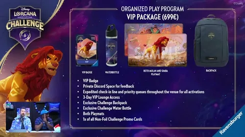 Slide du VIP Package à 699€ pour le Disney Lorcana Challenge de Dortmund - badge, gourde, tapis Mulan et Simba, sac à dos Timbuktu