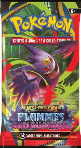 Booster Flammes Fantasmagoriques avec Méga-Ectoplasma en couverture, set ME02 JCC Pokémon