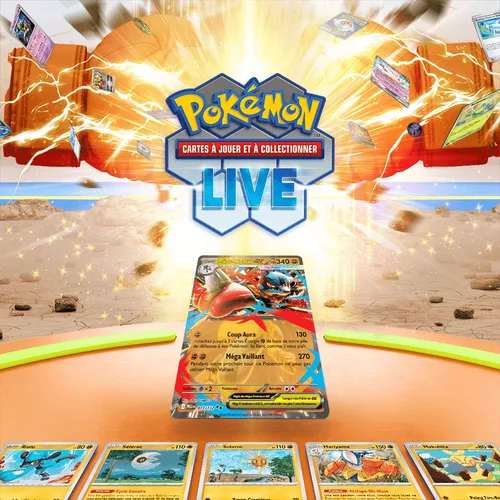 Key art officiel Pokémon ME01 Méga-Évolution - Méga-Lucario, Méga-Gardevoir, Méga-Florizarre et Méga-Kangourex