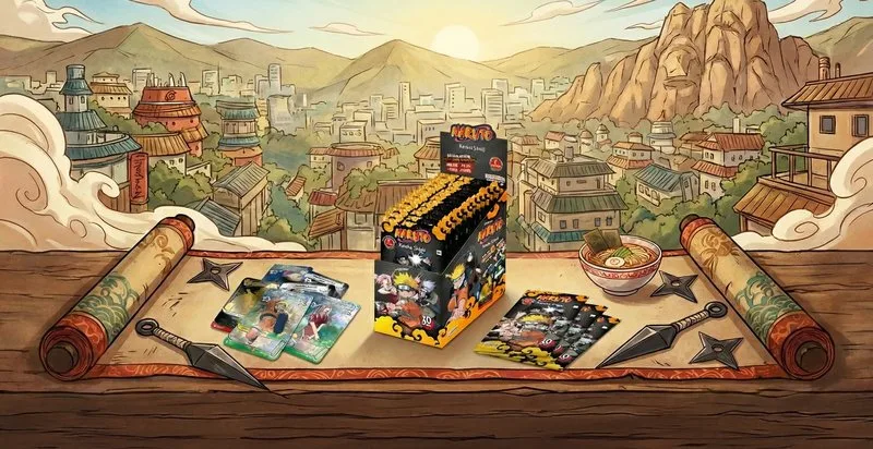 Deck Naruto Mythos TCG pose sur un tapis de jeu avec des cartes Konoha Shido